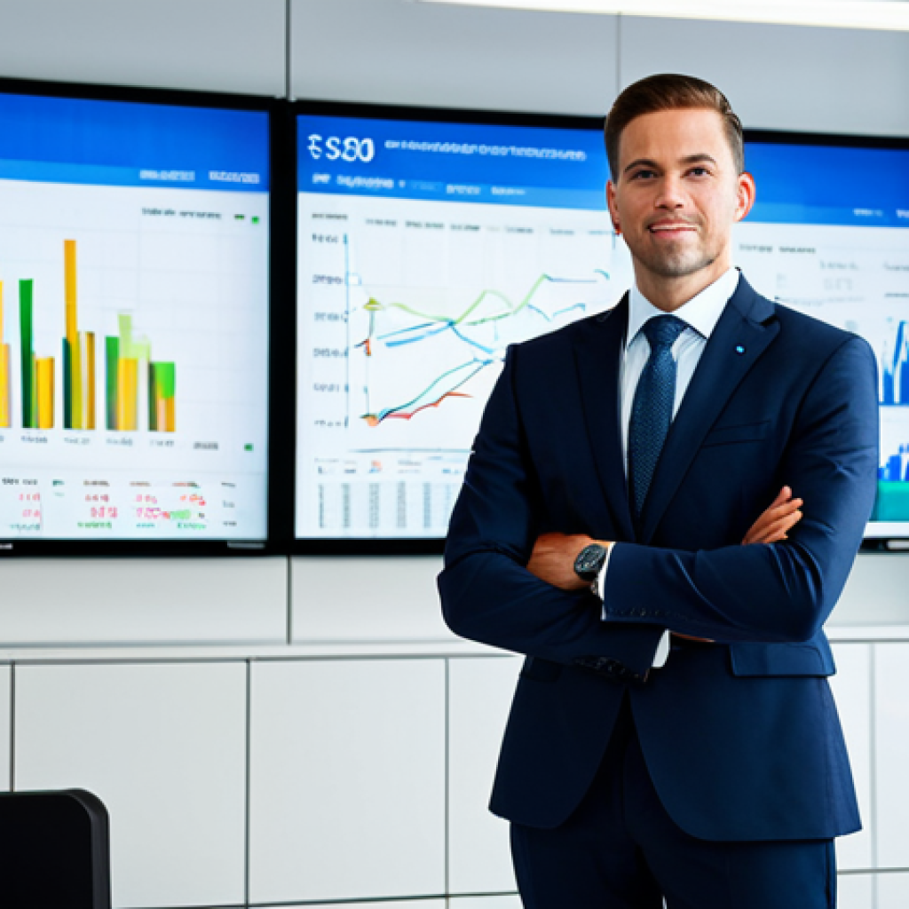 A professional individual, fully clothed in a modest business suit, with a composed and insightful expression, standing in a bright, modern financial office. The office features sleek, minimalist furniture and multiple large digital screens displaying abstract, upward-trending financial graphs and data visualizations symbolizing the S&P 500 index. The lighting is clean and professional. Professional photography, high resolution, soft studio lighting, sharp focus, perfect anatomy, correct proportions, natural pose, well-formed hands, proper finger count, natural body proportions, safe for work, appropriate content, fully clothed, professional dress, modest clothing, family-friendly.