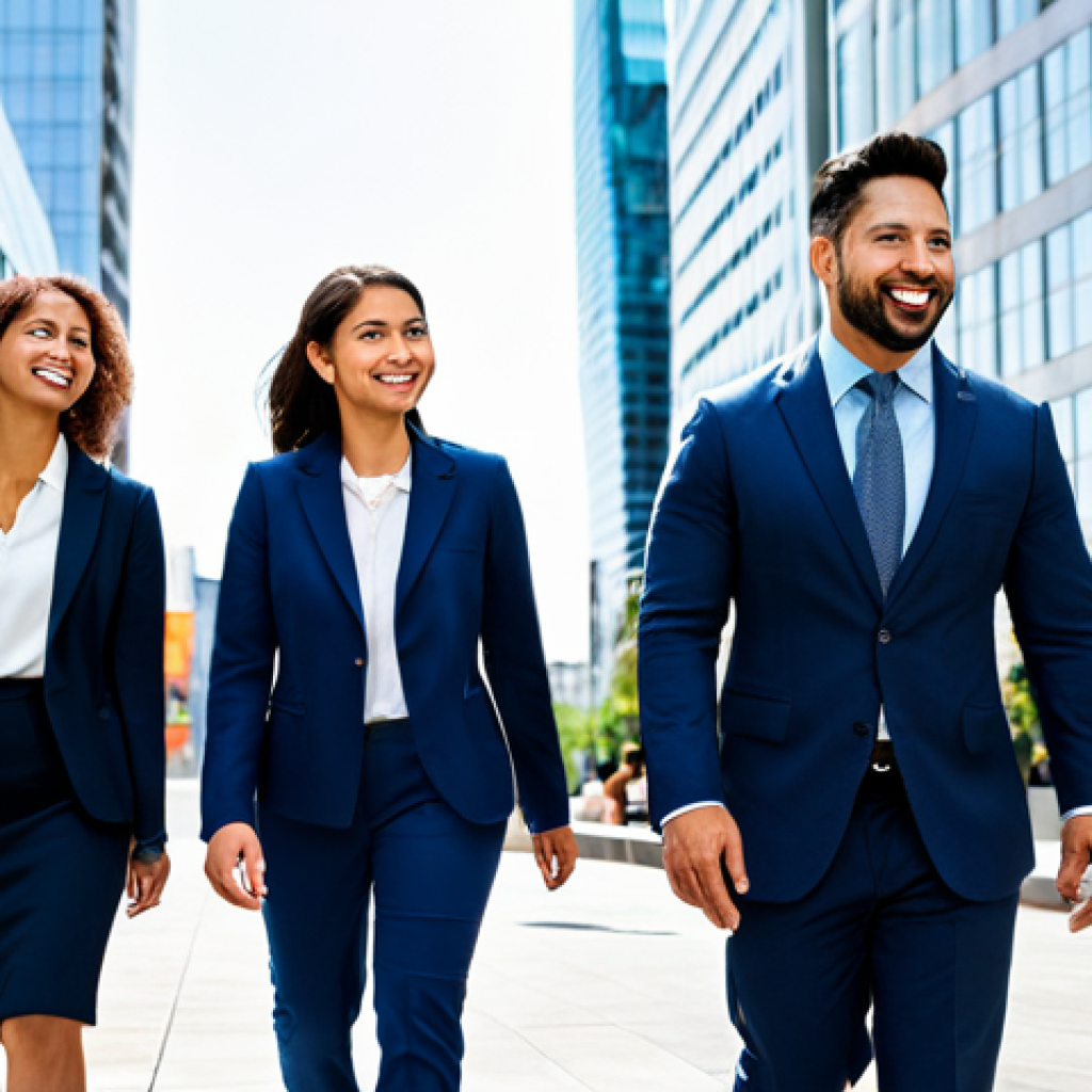 인덱스 투자와 경제 주기 - **Image:** A diverse group of people confidently walking forward in a modern cityscape, **fully clot...