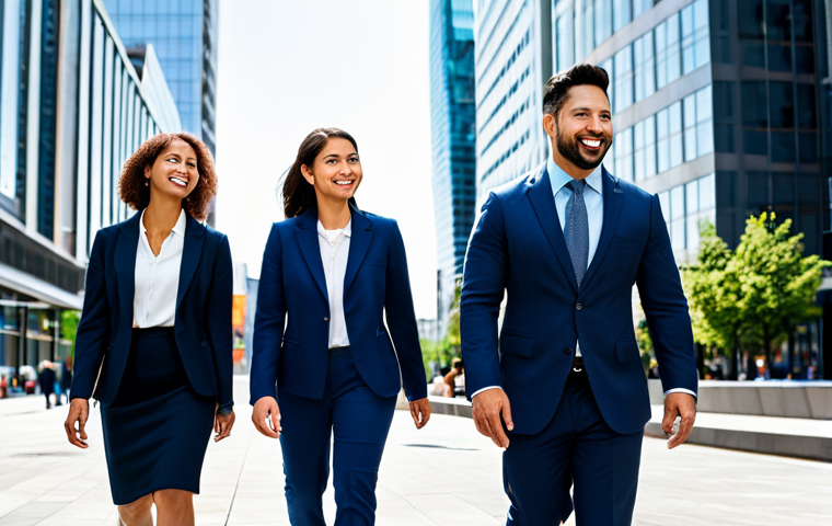 인덱스 투자와 경제 주기 - **Image:** A diverse group of people confidently walking forward in a modern cityscape, **fully clot...