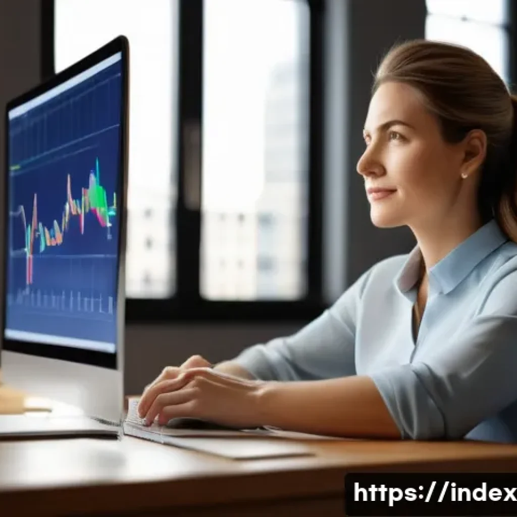 인덱스 투자로 얻을 수 있는 장기적 수익 - A serene and confident woman in her late 30s, dressed in smart casual attire, sits comfortably at a ...