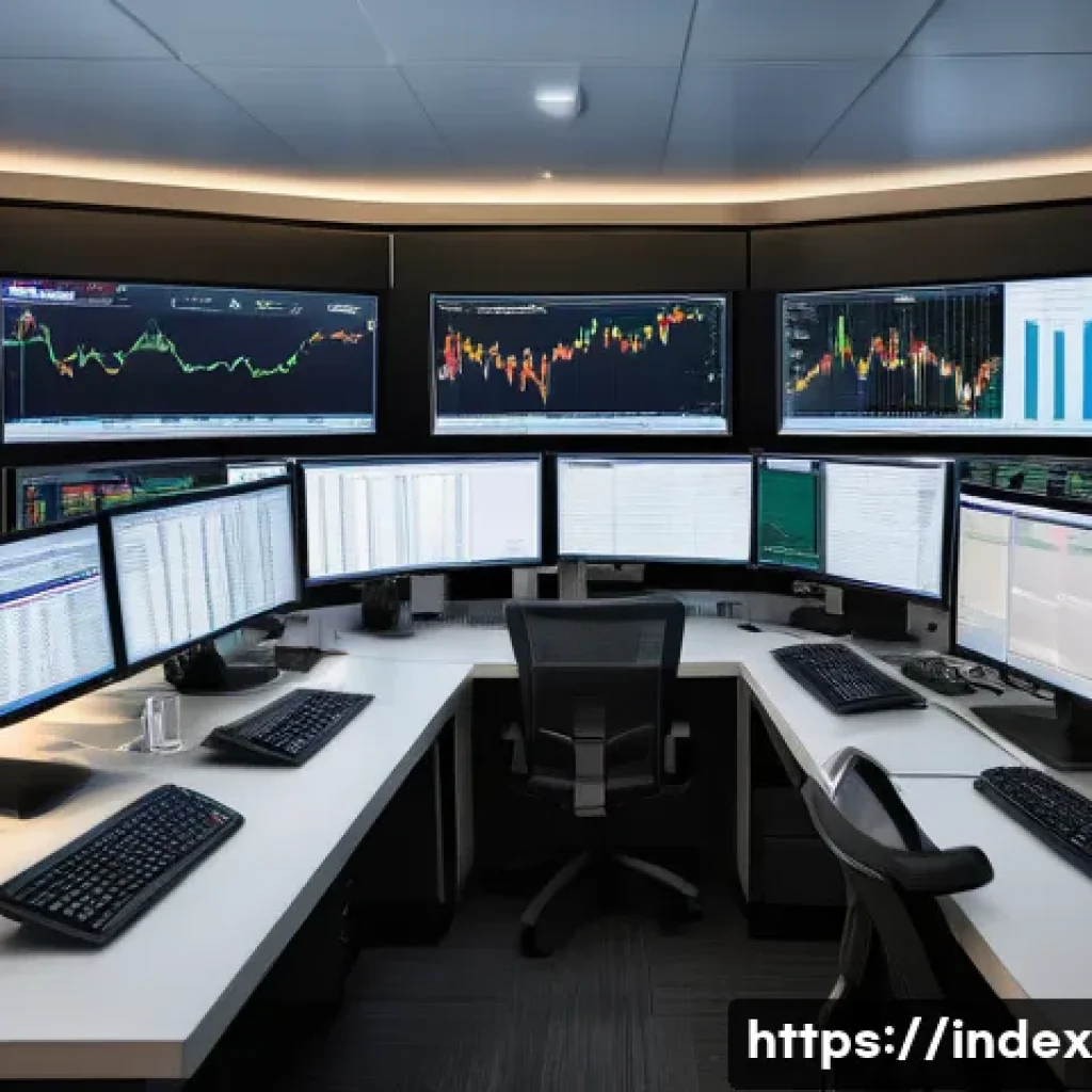 인덱스 투자와 리스크 관리 - A detailed financial analyst's workspace showing multiple large monitors displaying various global s...