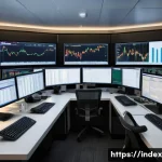 인덱스 투자와 리스크 관리 - A detailed financial analyst's workspace showing multiple large monitors displaying various global s...