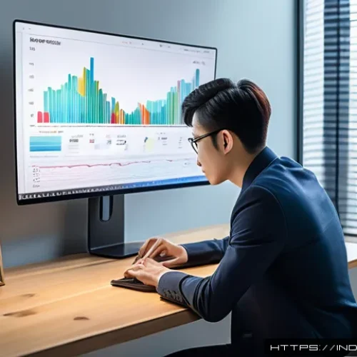 인덱스 펀드에서의 자주하는 질문 - A calm and confident young investor sitting comfortably at a modern home office desk, looking at a l...
