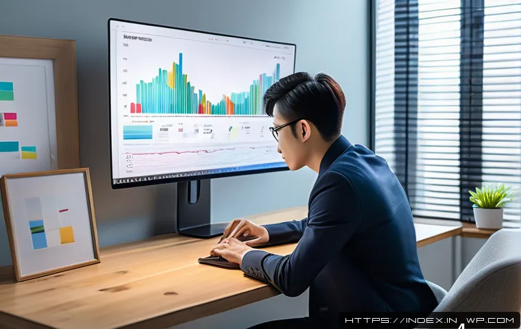 인덱스 펀드에서의 자주하는 질문 - A calm and confident young investor sitting comfortably at a modern home office desk, looking at a l...