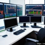 인덱스 투자와 리서치 자료 활용 - A modern financial analyst workspace featuring multiple high-resolution monitors displaying diverse ...